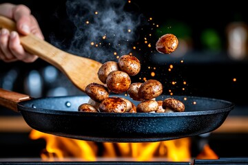 A person cooking mushrooms in a frying pan on a grill