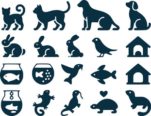 Pet Animal Silhouettes Icon Set  Cats Dogs Fish  Small Animals Vector