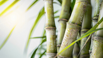 Fototapeta premium Green sugarcane stalks in sunlight with dew and leaves in soft focus