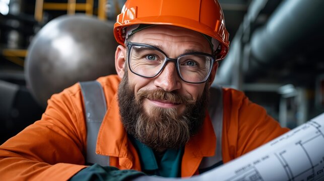 A man wearing a hard hat and glasses looking at a blueprint