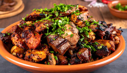 Traditional cuisine featuring grilled meat and local herbs served rustic plate for authentic food meat grill bar-b-q skewer