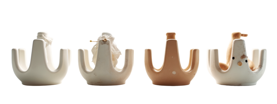 A group of four white and brown ceramic objects on a white surface.