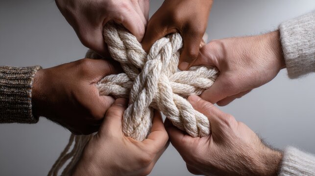 A group of people holding hands and a rope
