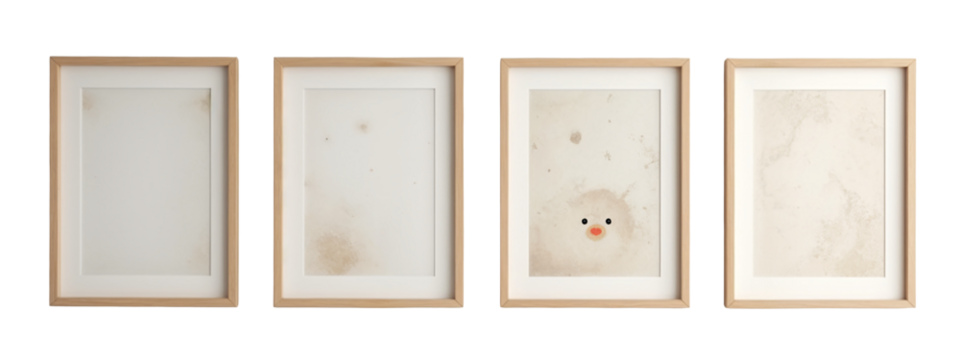 A set of three framed art pieces on a white wall.