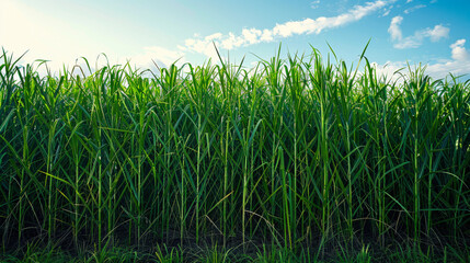 Obraz premium Tall vibrant green sugarcane plants growing under bright blue sky