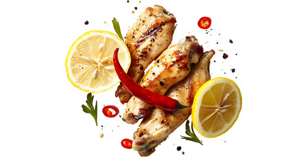 A plate of chicken wings and lemon slices with red pepper flakes. The chicken wings are grilled and the lemon slices are cut in half. The red pepper flakes add a spicy kick to the dish