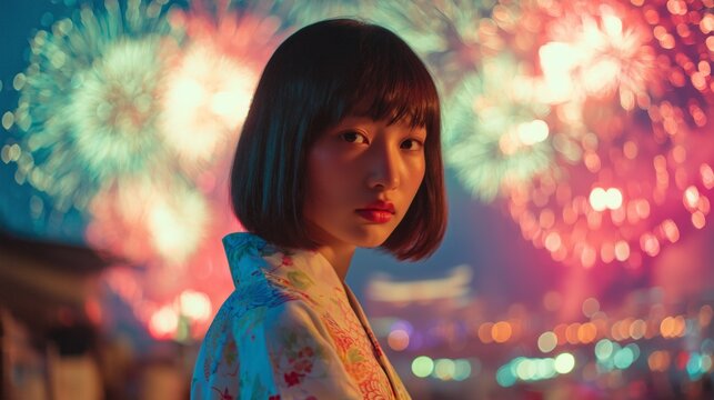 portrait of young supercute japanese woman in yukata watching summer fireworks