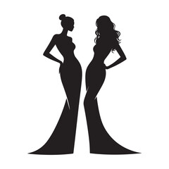 Silhouette of a woman and girl modeling style   in dresses with romantic and dancing themes in white backraund