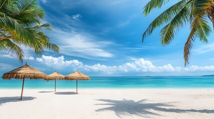 Summer tropical landscape with green palm trees and Straw umbrellas with empty copy space