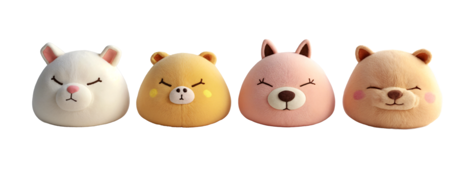 A set of four stuffed animals that are in different colors.