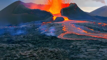 Molten lava streaming down volcanic slopes during twilight, casting fiery illumination across dark terrain and revealing powerful geological forces at work
