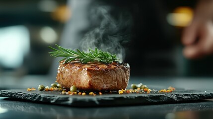 A beautifully cooked gourmet steak garnished with fresh herbs, presented artistically on a rustic stone plate, capturing the essence of high-end culinary artistry and flavor.