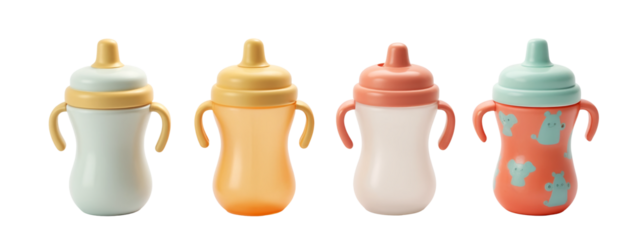 A set of four baby sippy cups in different colors.