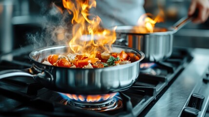 A vibrant scene of colorful vegetables sizzling in hot pans, with flames engulfing the ingredients, showcasing the excitement of culinary artistry and food preparation.
