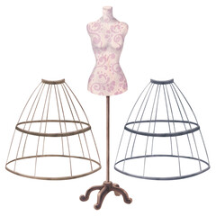 Vintage dressmaker mannequin. Watercolor hand-drawn illustration of female dummy or hoopskirt on a stand. For sewing blogs, workshops, master classes, for designing sewing products, haberdashery.