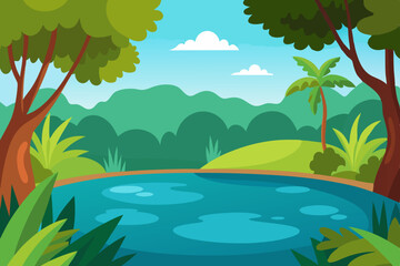 Serene pond landscape in lush tropical forest