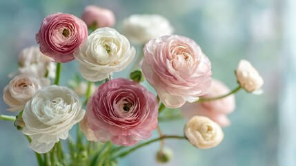 Obraz premium Pink and white ranunculus bouquet, a delicate floral centerpiece symbolizing grace and elegance.