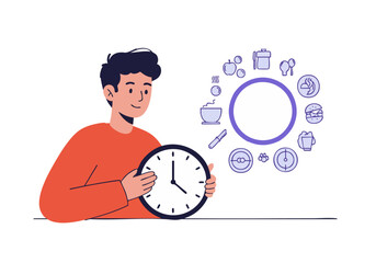 A young man holds a clock, surrounded by icons representing food and time. He?s smiling and appears focused. Modern, flat design illustration. Great for lifestyle and productivity concepts.