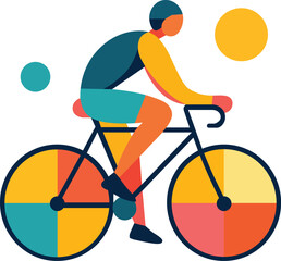 Colorful cyclist illustration featuring person riding bicycle with vibrant geometric shapes. design showcases playful and energetic vibe
