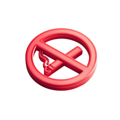 Isometric vector icon of a no smoking sign, modern 3D style, red circle with cigarette crossed out, clean shadows, smooth gradients, suitable for UI or infographic.