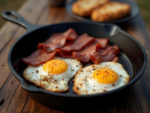 Campfire Breakfast Fried Eggs and Bacon in a Cast Iron Skillet. Rustic Wooden Table. Delicious. Food