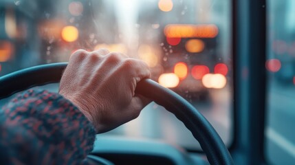 A close-up view of a hand gripping a steering wheel, conveying a sense of control and focus amidst the blurred lights of a bustling city traffic environment.