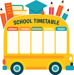 School timetable design featuring colorful bus with sections for each weekday. bus is adorned with school supplies like pencils and books