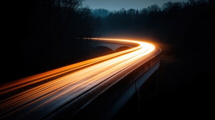 An artistic long exposure shot revealing luminous light trails over a darkened bridge, illustrating movement and the ethereal beauty of night photography in serene surroundings.