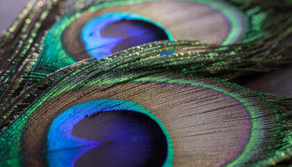 Fototapeta premium Peacock feather closeup with vibrant blue and green colors, gold glitter texture, and symmetrical pattern creating mesmerizing and elegant natural design