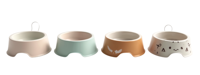 A set of three ceramic dog bowls with different designs on them.