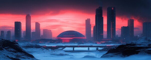 Fototapeta premium A futuristic cityscape at dusk with towering skyscrapers, a dome-shaped building, and a bridge over a snowy landscape under a vibrant pink and purple sky.