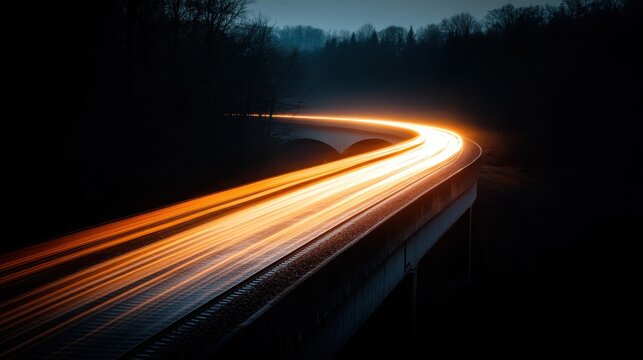 An artistic long exposure shot revealing luminous light trails over a darkened bridge, illustrating movement and the ethereal beauty of night photography in serene surroundings. - Powered by Adobe