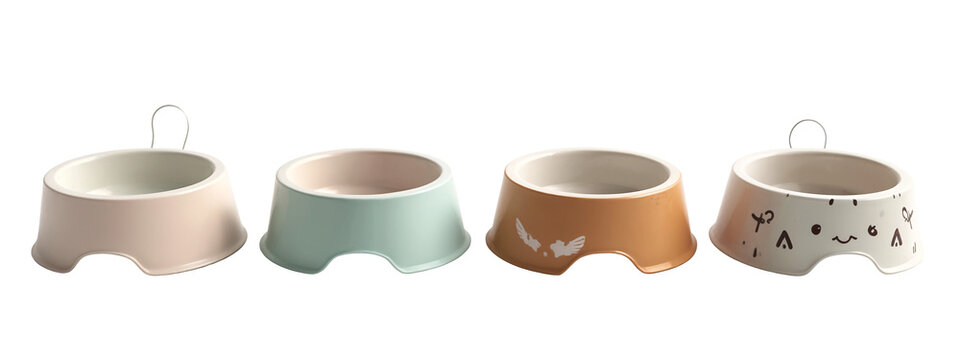 A set of three ceramic dog bowls with different designs on them. - Powered by Adobe