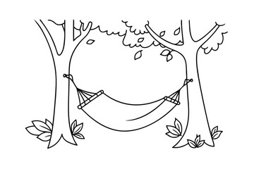 Simple black and white line art illustration of a hammock swinging between trees in a forest
