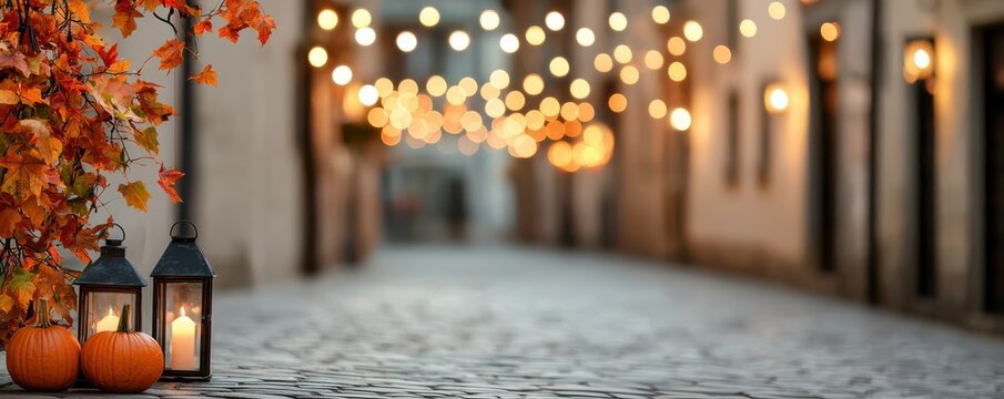 A cozy autumn street scene with glowing lanterns, pumpkins, and vibrant fall leaves, softly lit by warm bokeh lights.