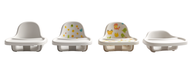 A set of four white baby chairs with different designs on them.