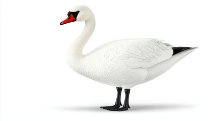 Obraz premium Detailed White Swan with Black Beak and Feet on White Background