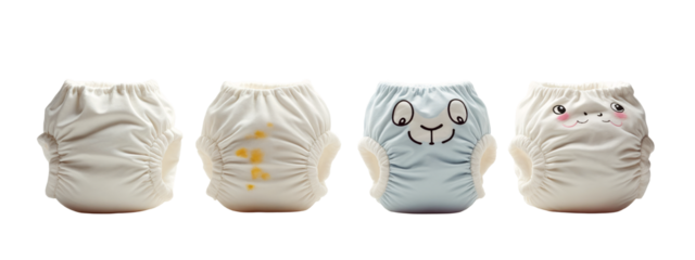 A row of three cloth nappies with different designs on them.