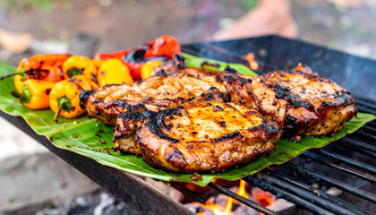 Traditional cuisine with grilled meat and local vegetables on banana leaf over open flame food meat grill bar-b-q skewer