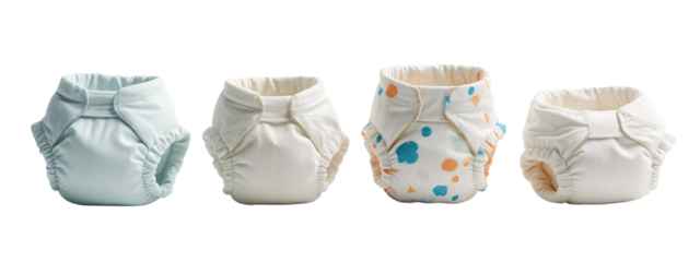 A row of four cloth nappies lined up in a row