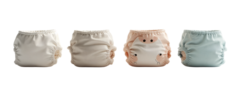 A row of three cloth nappies with a face drawn on them.