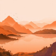 Obraz premium Serene orange landscape with mountains and a lake.