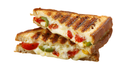 A sandwich with cheese and vegetables is cut in half. The sandwich is on a white background. The sandwich is cut in half and is ready to be eaten