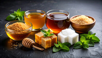 Various natural sweeteners like honey, brown sugar, and white sugar cubes with fresh mint leaves on dark textured surface, creating warm and inviting atmosphere