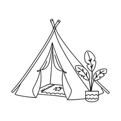 Simple black and white illustration of a teepee tent and potted plant in minimalist style © Chaya