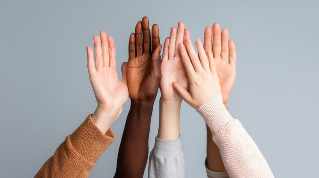 A group of people are holding hands in a circle, with one hand raised