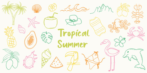 Tropical summer doodle elements. Hand drawn lemons, seafood, lobster, shell, beach accessories Illustrations for greeting cards, invitations, wrapping 
paper and packaging designs.
