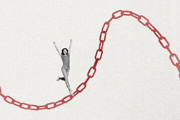 Banner 3d art pop image collage of happy businesswoman businessman stand rope chain development aim...