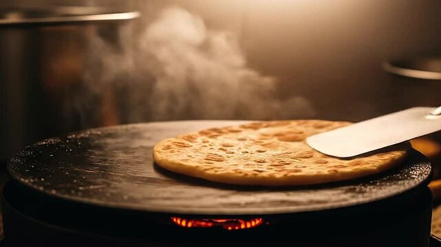 Freshly Cooked Paratha on Iron Griddle with Steam Rising