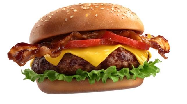 A hamburger with bacon, cheese, and tomato. The burger is on a white background. The burger is the main focus of the image